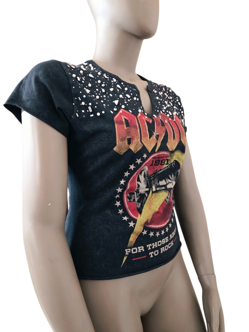 AC/DC Rhinestone Notch Neck TShirt LG Dark Wash Charcoal For Those About To Rock - Picture 11 of 16